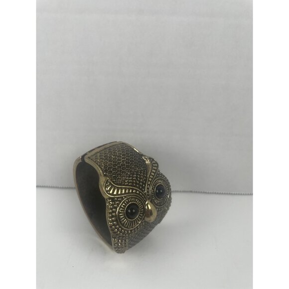 Brass Owl Cuff Bracelet With Black Stone Eyes Retro Statement Piece Unique - Picture 5 of 13